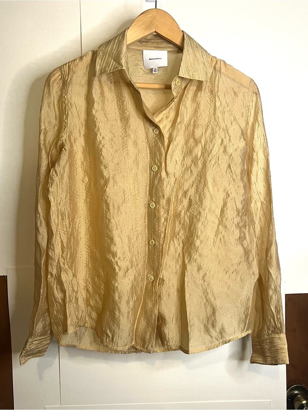 Reformation Women’s Size XS Shimmery Gold Deadstock Sheer Button-Down Shirt